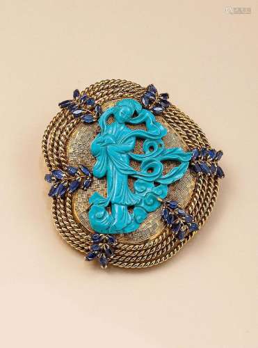 14 kt gold brooch with turquoise and sapphires, 1960s