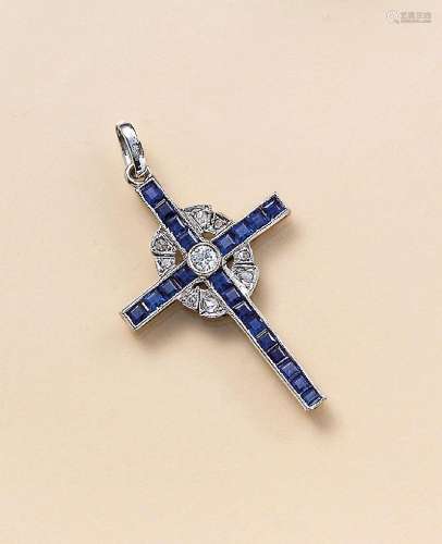 18 kt gold crosspendant with sapphires and diamonds