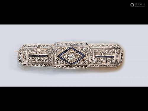 Art-Deco brooch with diamonds and sapphires, 1920s, YG