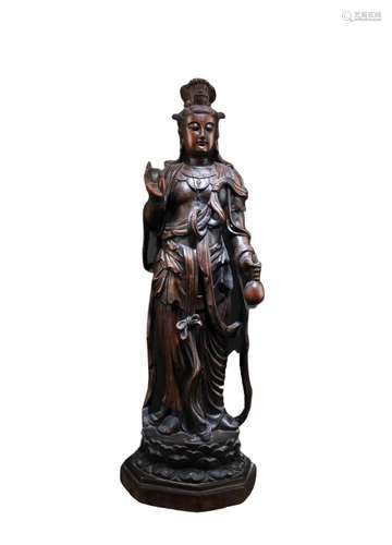 A Carved Wooden Guanyin Statue