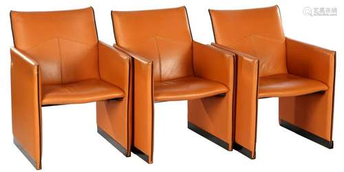 3 orange leather Artifort armchairs