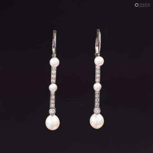 A Pair of Art Nouveau Diamond Pearl Earpendants.