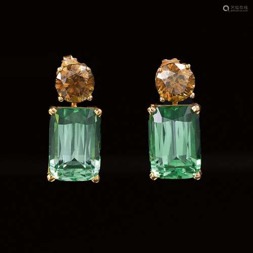 A Pair of Lagoon Tourmaline Fancy Diamond Earrings.