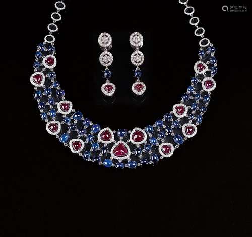 A Demi Parure: Ruby Sapphire Diamond Necklace with matching ...