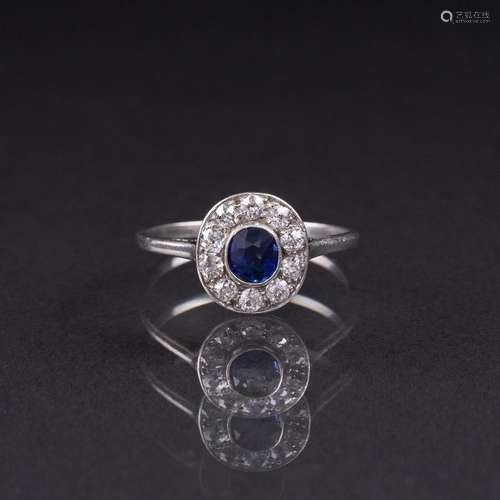 A petite Art Nouveau Sapphire Diamond Ring.