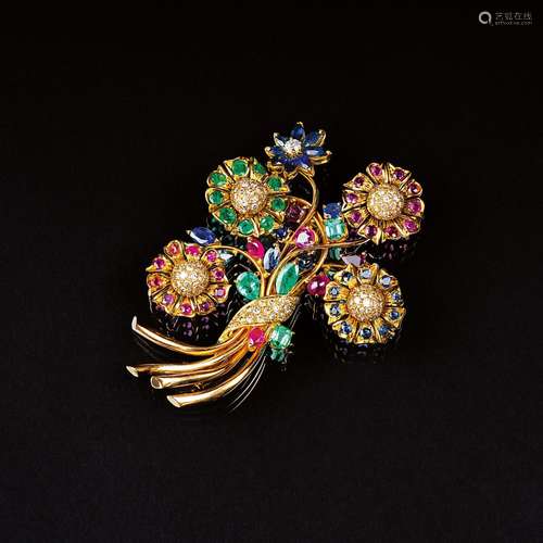 A Vintage Flower Brooch with Coloured Precious Stones and Di...