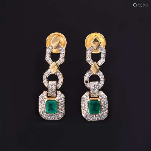 A Pair of Diamond Emerald Earpendants.