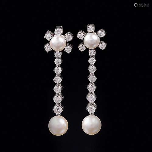 A Pair of Pearl Diamond Earpendants.