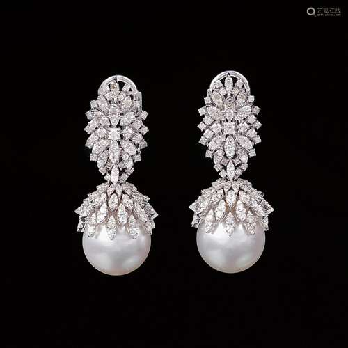 A Pair of Southsea Pearl Diamond Earpendants.