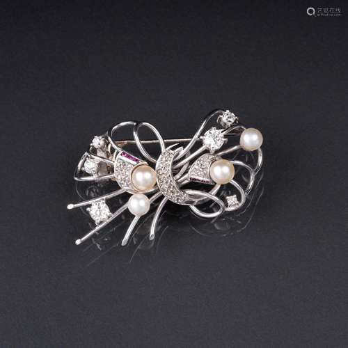 A Vintage Diamond Pearl Brooch.