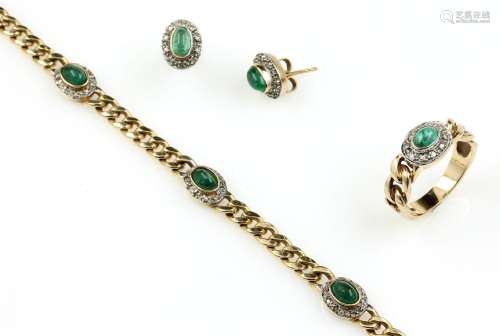 14 kt gold jewelry set with emeralds and diamonds