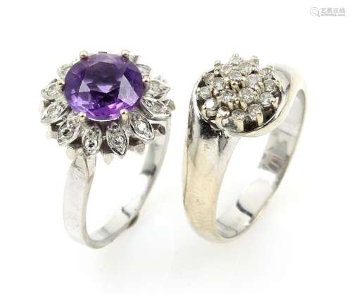 Pair of 14 kt gold rings with diamonds and amethyst
