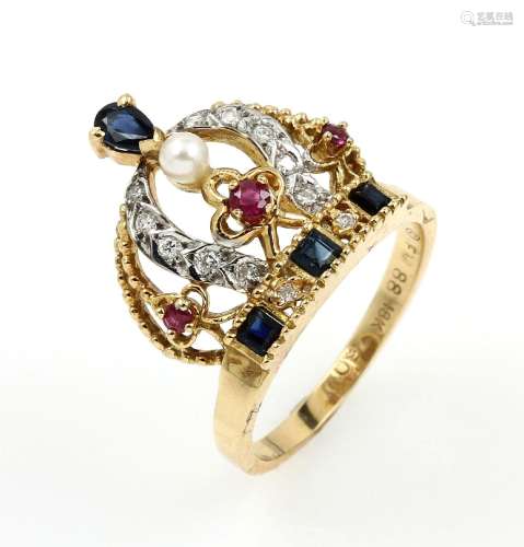 18 kt gold ring 'crown' with diamonds and coloured...