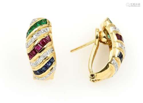 Pair of 18 kt gold earrings with brilliants and coloured sto...