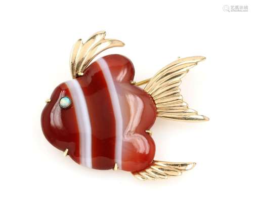 14 kt gold brooch 'fish' agate and opal