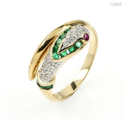 14 kt gold ring with diamonds, rubies and emeralds