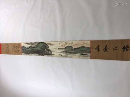 Chinese Ink Color Landscape Long Scroll