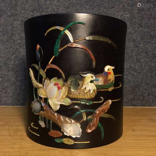 Chinese Zitan Wood Brushpot w Mother Pearl Inlaid