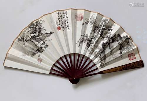 Chinese Ink Fan Painting w Calligraphy