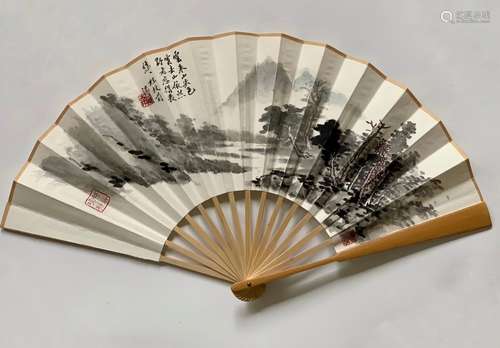 Chinese Ink Fan Painting w Calligraphy