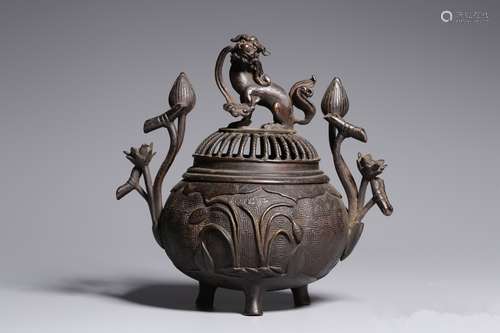 Qing Chinese Bronze Tripod Censer w Beast Finial