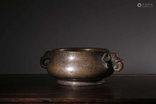 Chinese Bronze Censer w Handle and Mark,Silver Inl