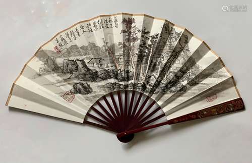 Chinese Ink Fan Painting w Calligraphy