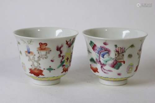 Pair of Chinese Famille Rose Porcelain Cups,Mark