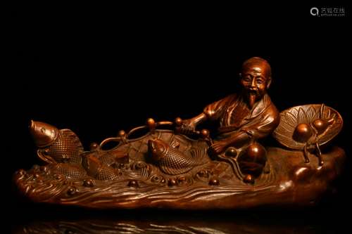 Chinese Huangyang Wood Carved Fisher and Boat