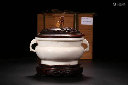 Chinese Blanc De Porcelain Censer w Wood Cover&Bas