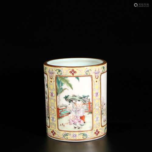 Yellow Ground Famille Rose Porcelain Brush Pot ,China