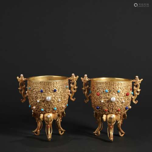 A Pair Of Bronze Gold Gilded Tripod Cup ,China