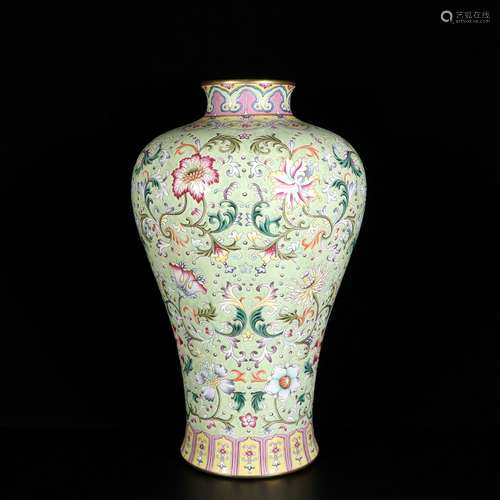 Green Ground Famille Rose Porcelain Plum Bottle ,China