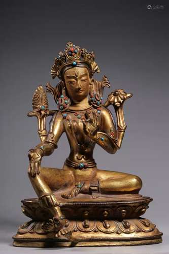 Bronze Gold Gilded Tara Statue Inlaid With Gems ,China