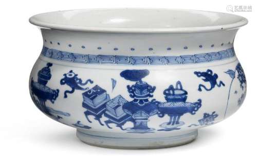 A Chinese blue and white censer painted with precious items,...