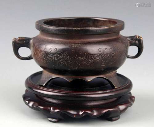 A YUE BAO JU MARK DOUBLE EAR ROUND BRONZE CENSER