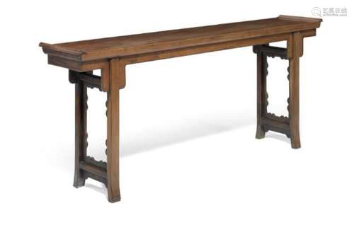 A Chinese hardwood and elm alter table, openwork side-panels