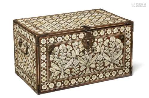 A Mughal wooden cabinet with bone decoration of floral spray...