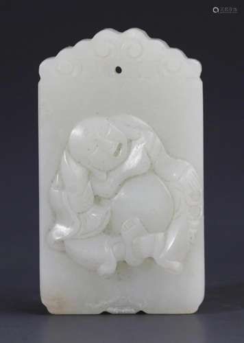 A FINE MAITREYA BUDDHA FIGURE GREENISH WHITE JADE