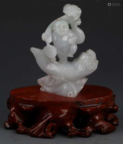 RARE BOY WITH FISH CARVED JADEITE DECORATION