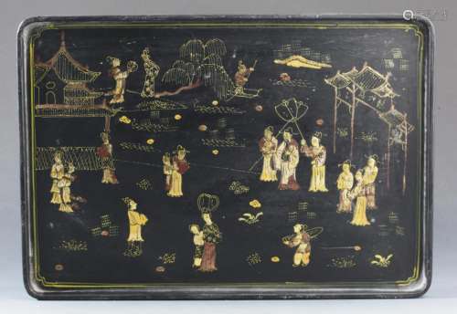 A LACQUERED WOOD STORY PAINTING PLATE