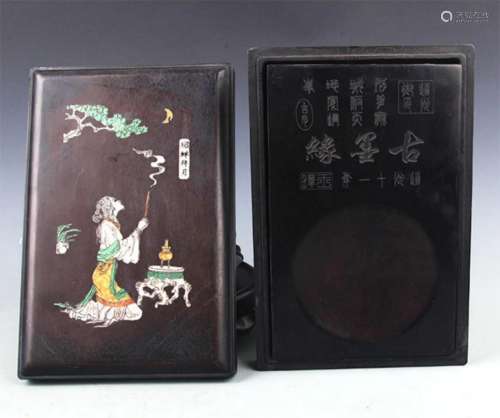 A FINELY CARVING STONE INK WITH WOODEN BOX