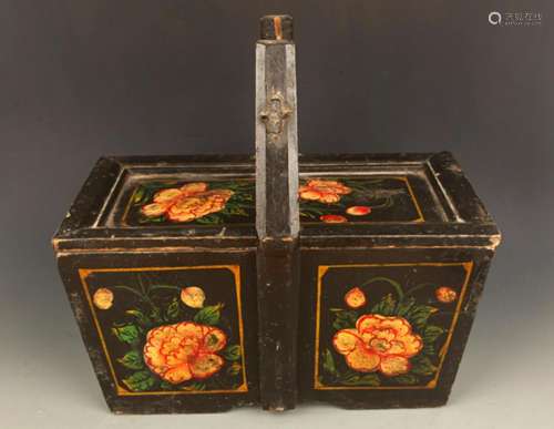 A BLACK COLOR FLOWER PAINTED WOODEN LUNCH BOX