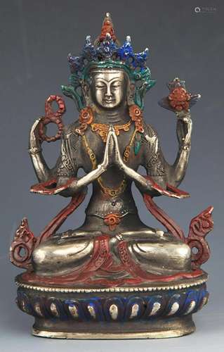 A COLORED BRONZE STATUE IN FOUR ARM GUAN YIN FIGURE