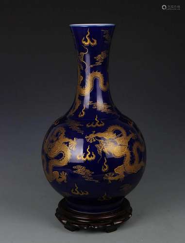 DARK BLUE GLAZED DRAGON PAINTED PORCELAIN VASE