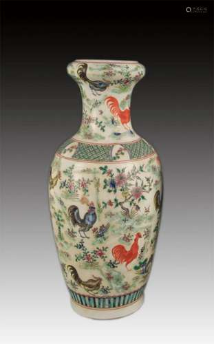 FAMILLE VERTE FLOWER AND CHICKEN PAINTED PORCELAIN VASE