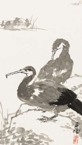 李苦禅（1899-1983） 双鱼鹰图 水墨纸本 镜心