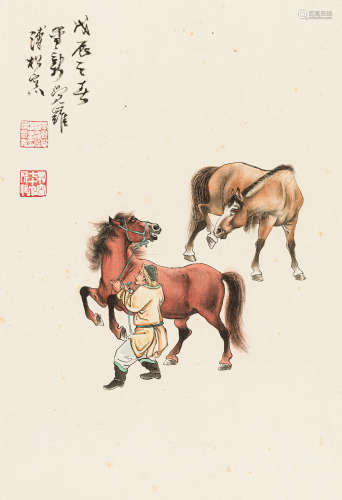 溥佺（1913－1991） 人马图 设色绢本 立轴