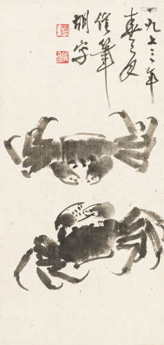 胡爽庵（1916-1988） 1973年 作 螃蟹 水墨纸本 立轴