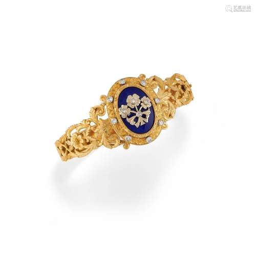 A 18K yellow gold diamond and enamel bangle, circa 1955